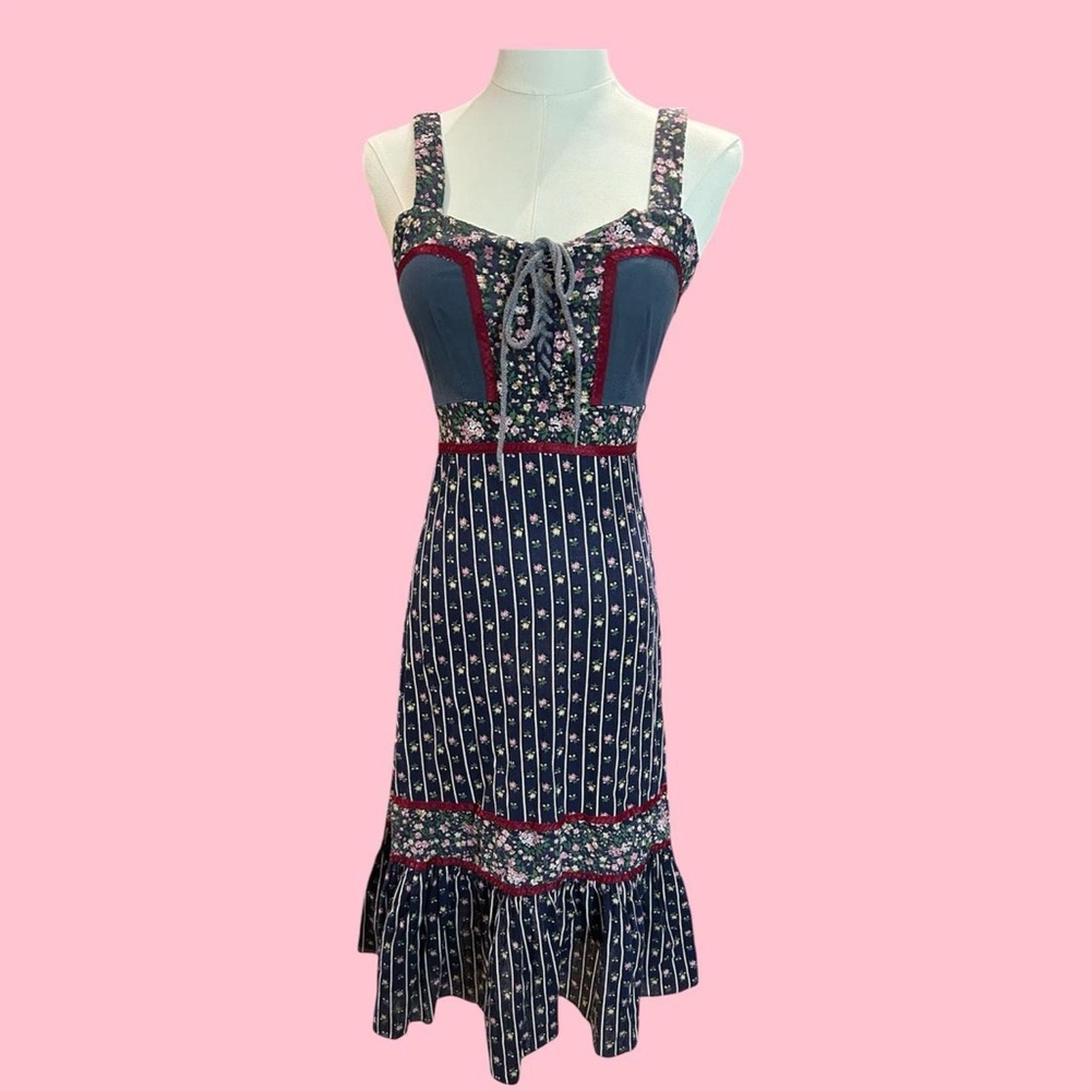1970s gunne sax style corset midi dress calico floral